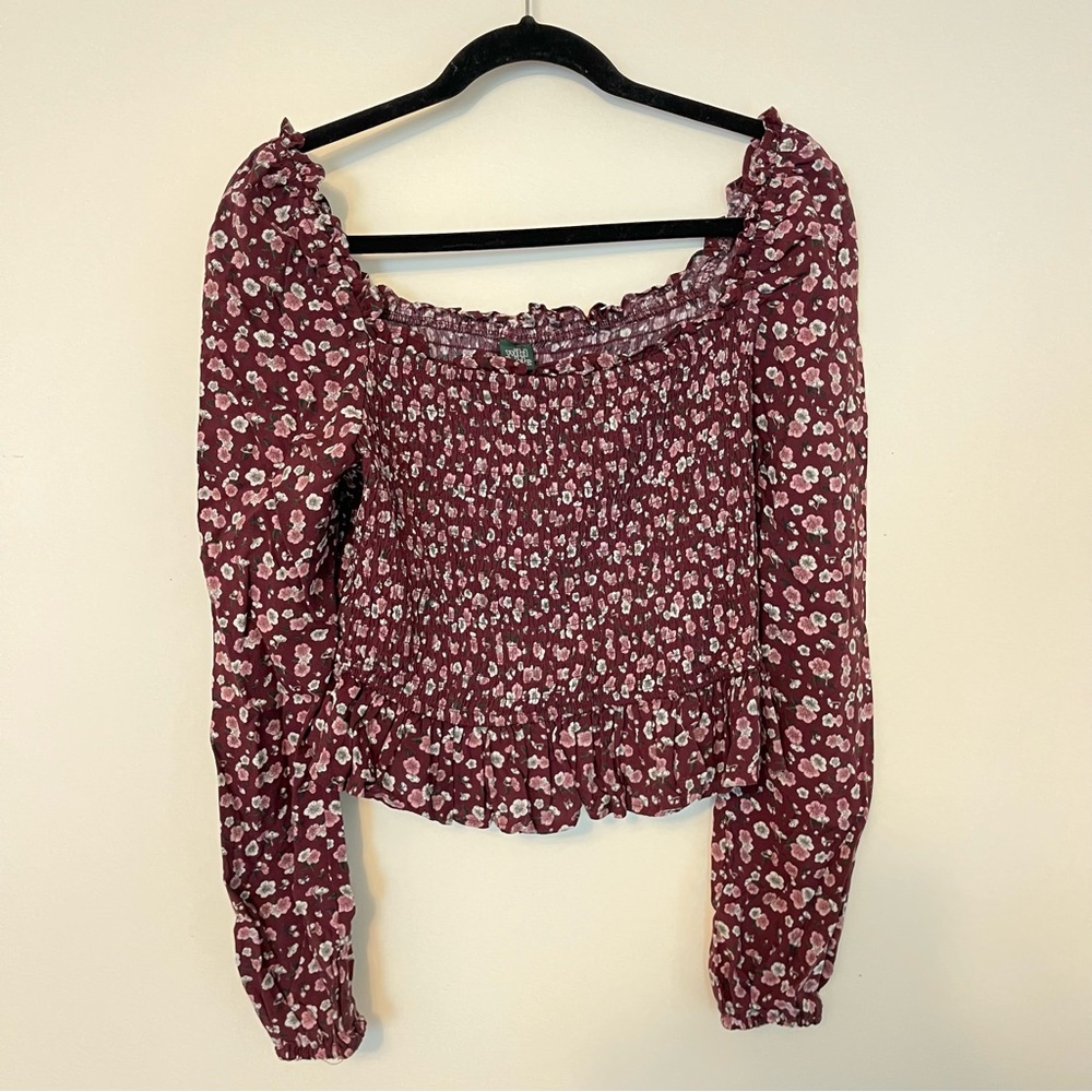 Wild Fable NWT Blouse Smoked Crop Top Floral Burgundy Long sleeve Sz M